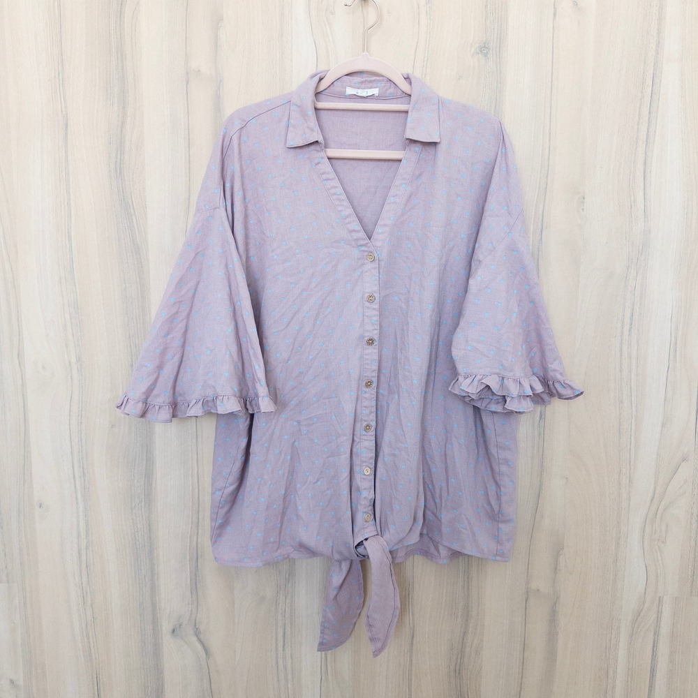 Easel Womens Top L Pink Heart Print Ruffle Bell Sleeve Tie Front Boho Romantic